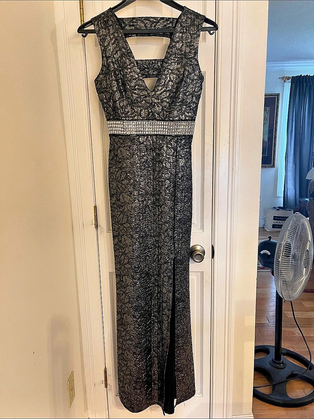 Tawny Metallic Floral Lace Maxi Dress Black Silver Gold Embellished Size 6